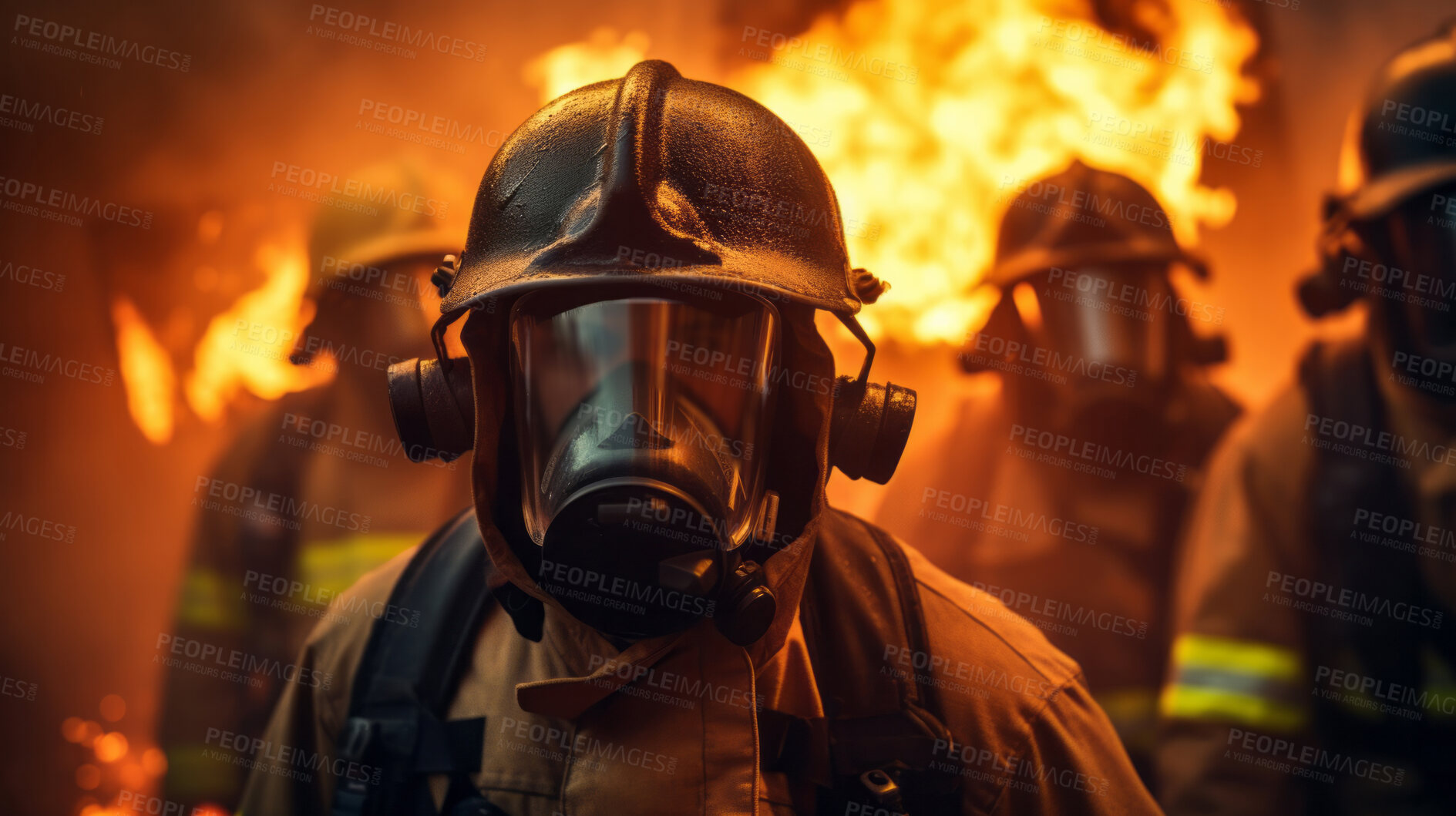 Buy stock photo Firefighters in masks with fire in background. Safety, protection, and disaster management concept