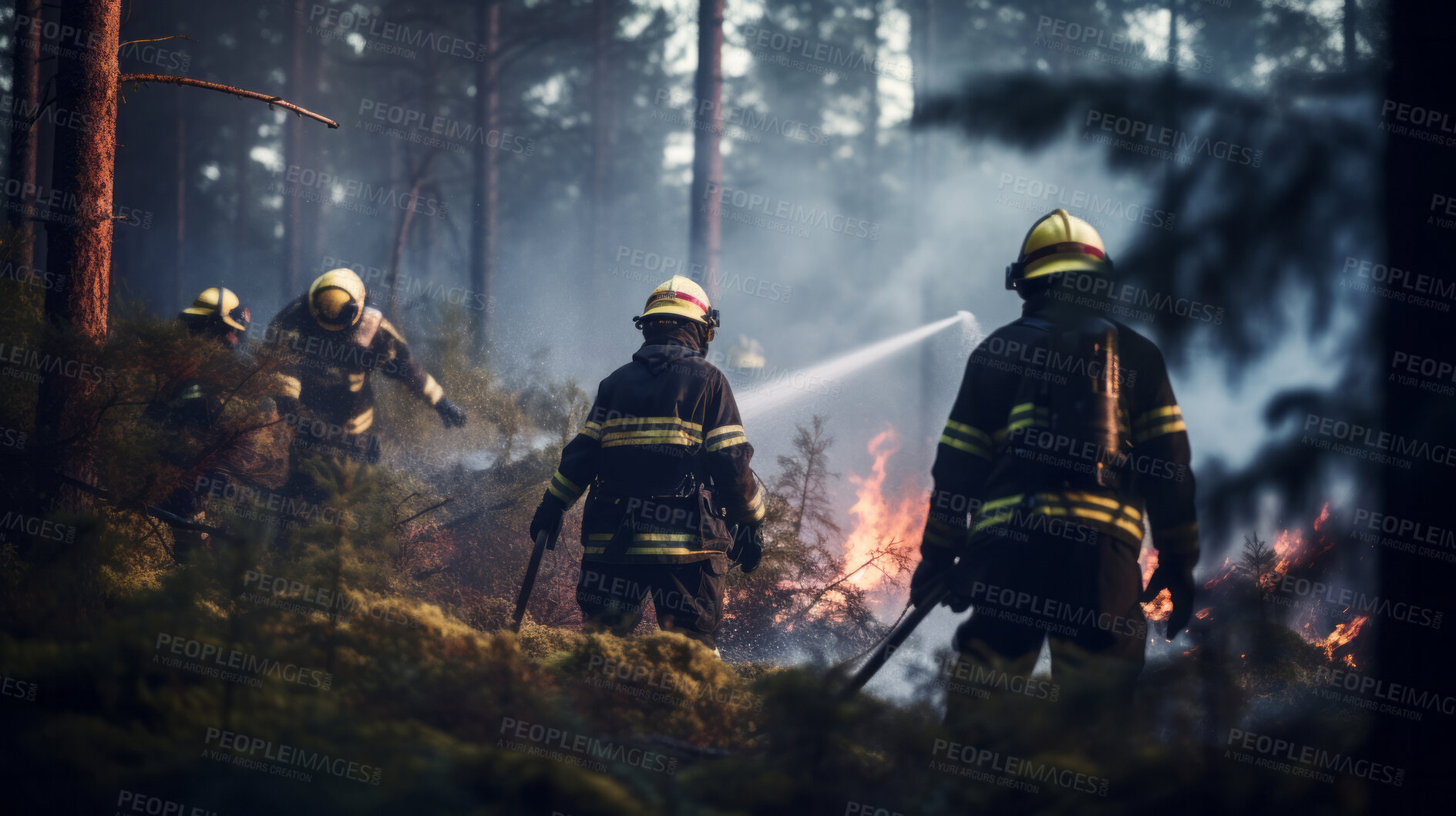 Buy stock photo Group of firefighters walking in forest after fire. Global warming, natural disaster emergency response