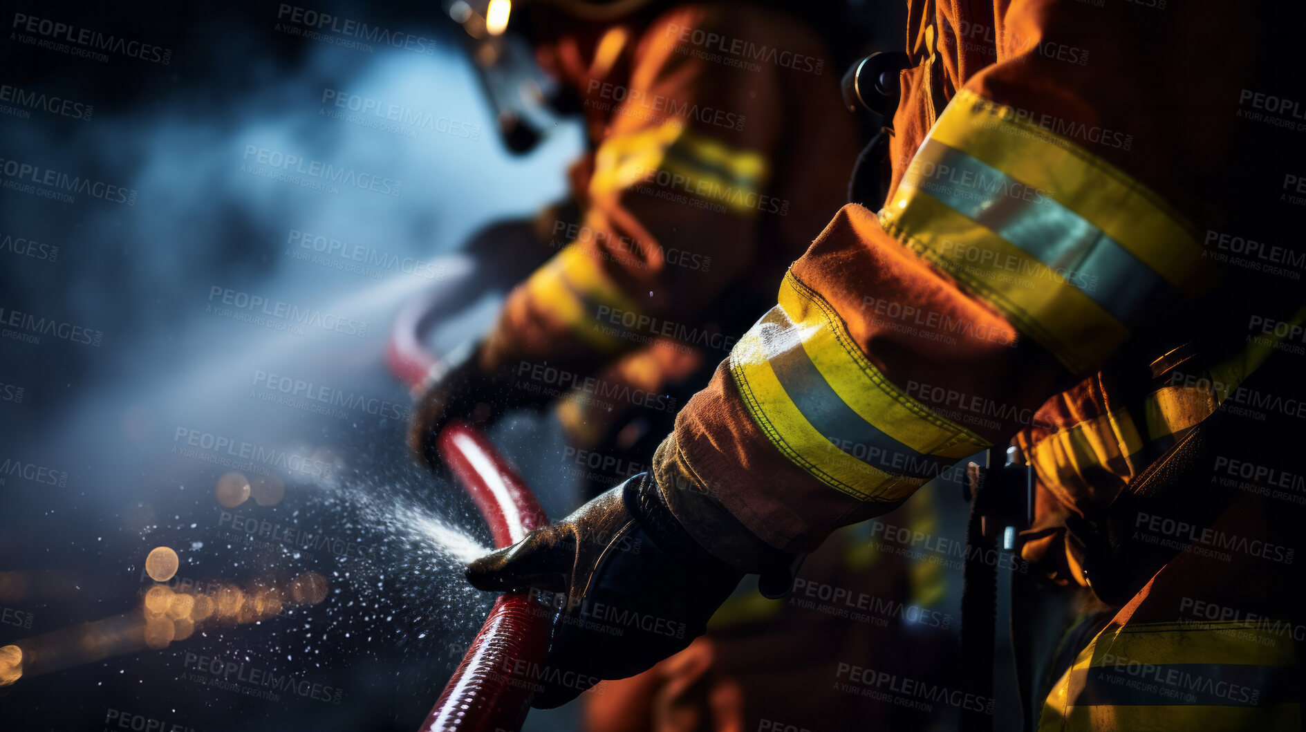 Buy stock photo Group of firefighters with water hose. Brave teamwork for fire safety and community protection