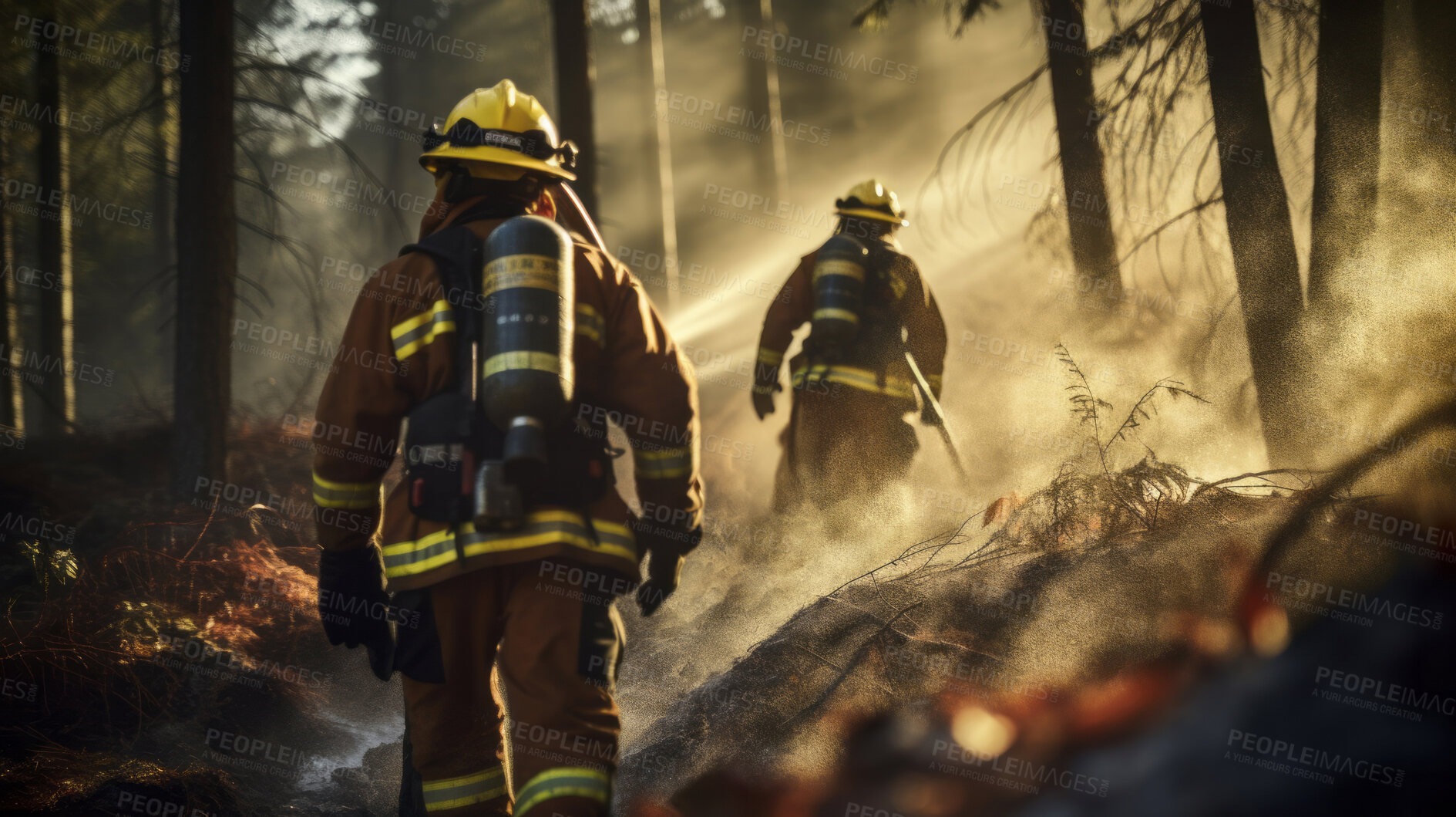 Buy stock photo Group of firefighters walking in forest after fire. Global warming, natural disaster emergency response