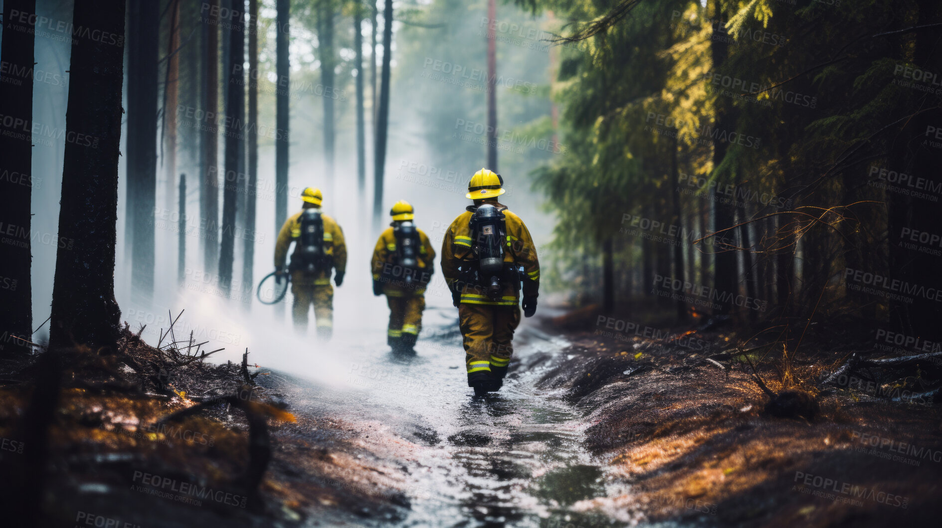 Buy stock photo Group of firefighters walking in forest after fire. Global warming, natural disaster emergency response