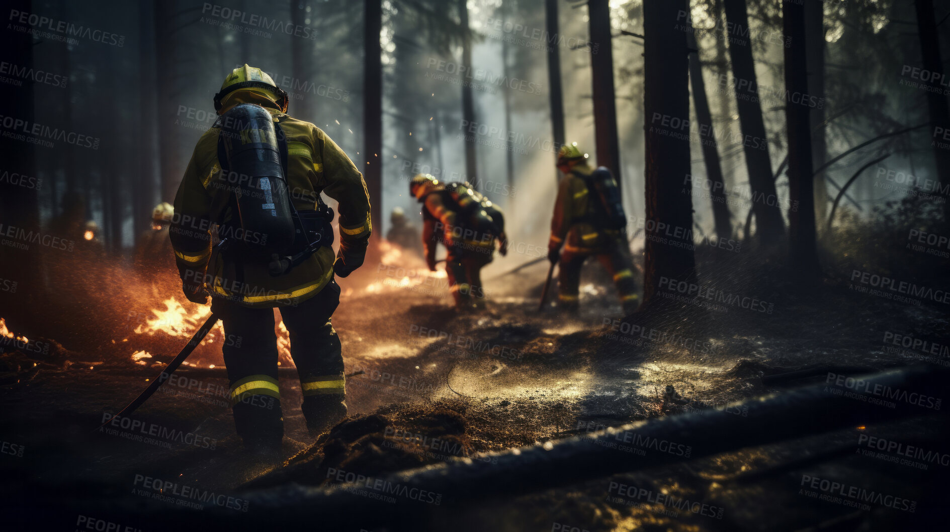 Buy stock photo Group of firefighters walking in forest after fire. Global warming, natural disaster emergency response