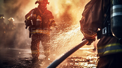 Group of firefighters with water hose. Brave teamwork for fire safety and community protection