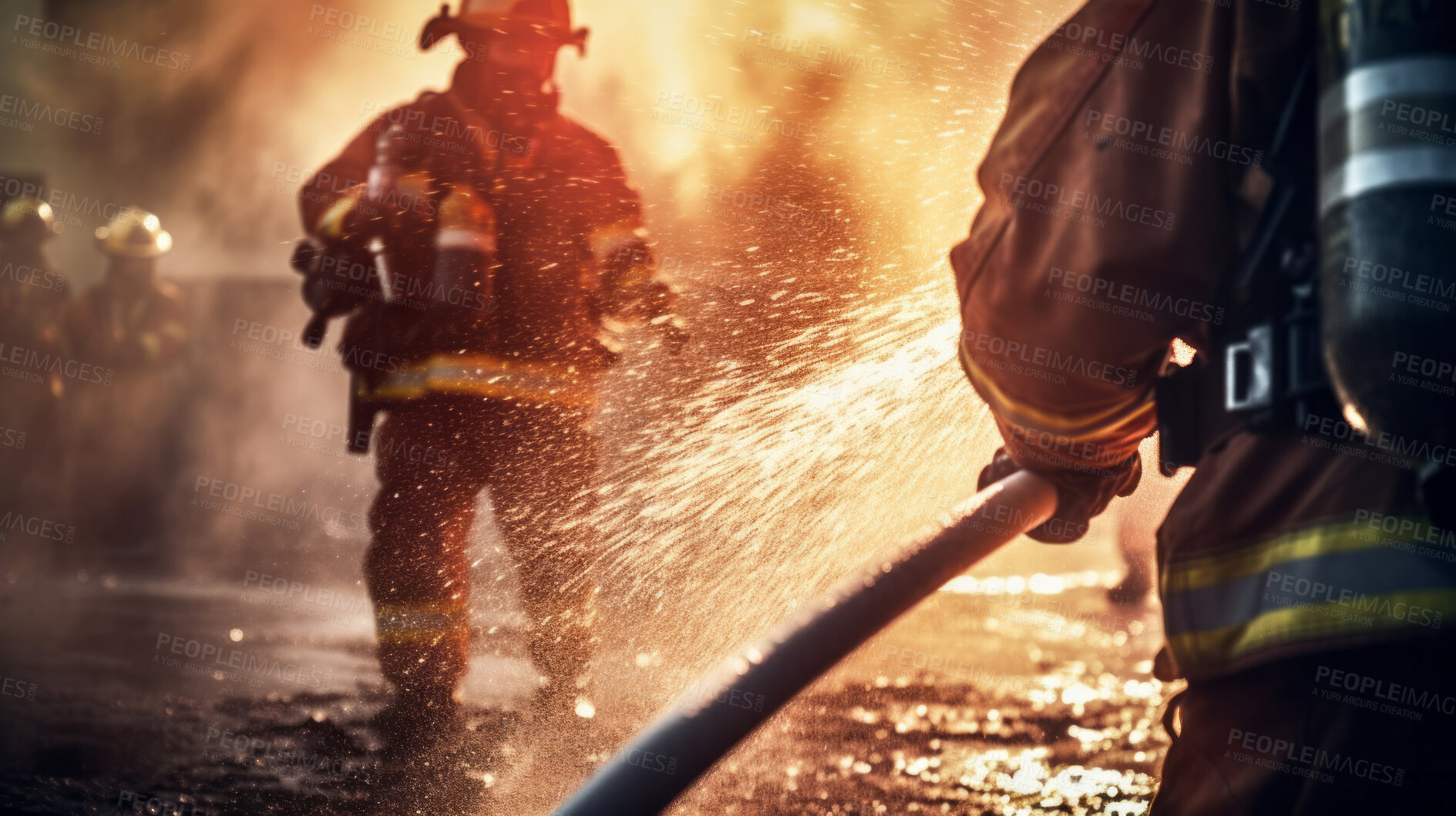 Buy stock photo Group of firefighters with water hose. Brave teamwork for fire safety and community protection