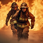 Firefighters running with fire in background. Safety, protection, and ...