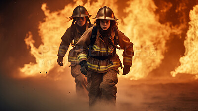 Firefighters running with fire in background. Safety, protection, and disaster management concept