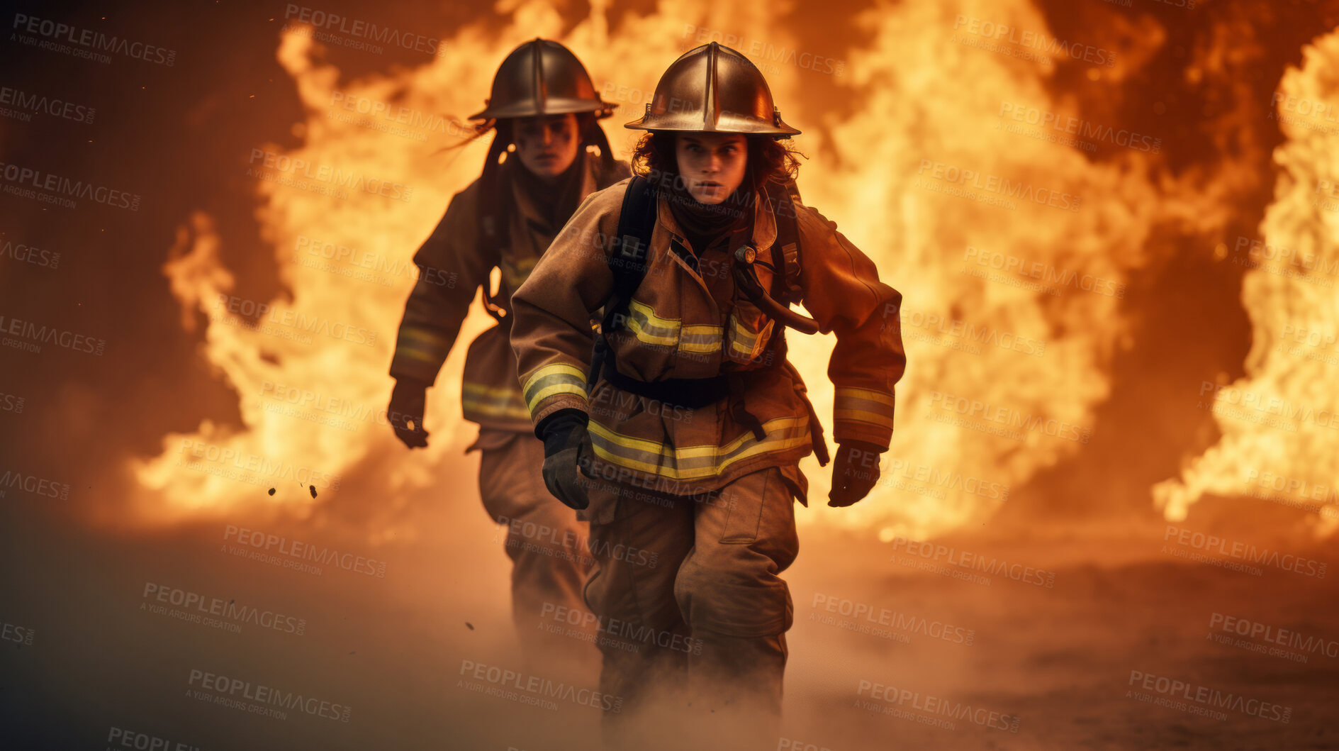 Buy stock photo Firefighters running with fire in background. Safety, protection, and disaster management concept