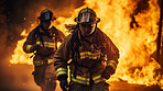 Firefighters running with fire in background. Safety, protection, and disaster management concept