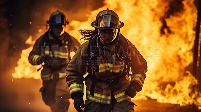 Firefighters running with fire in background. Safety, protection, and disaster management concept