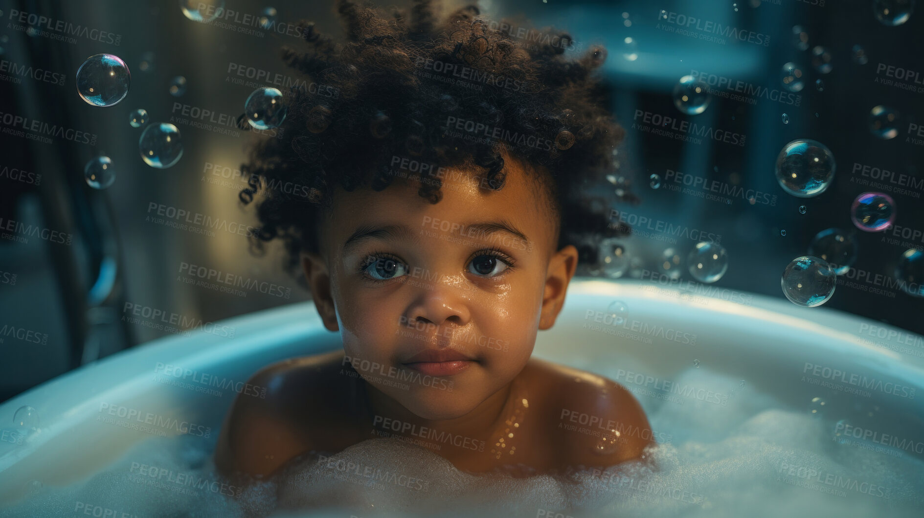 Buy stock photo Toddler bathes in bathtub with foam and bubbles. Happy baby bath time