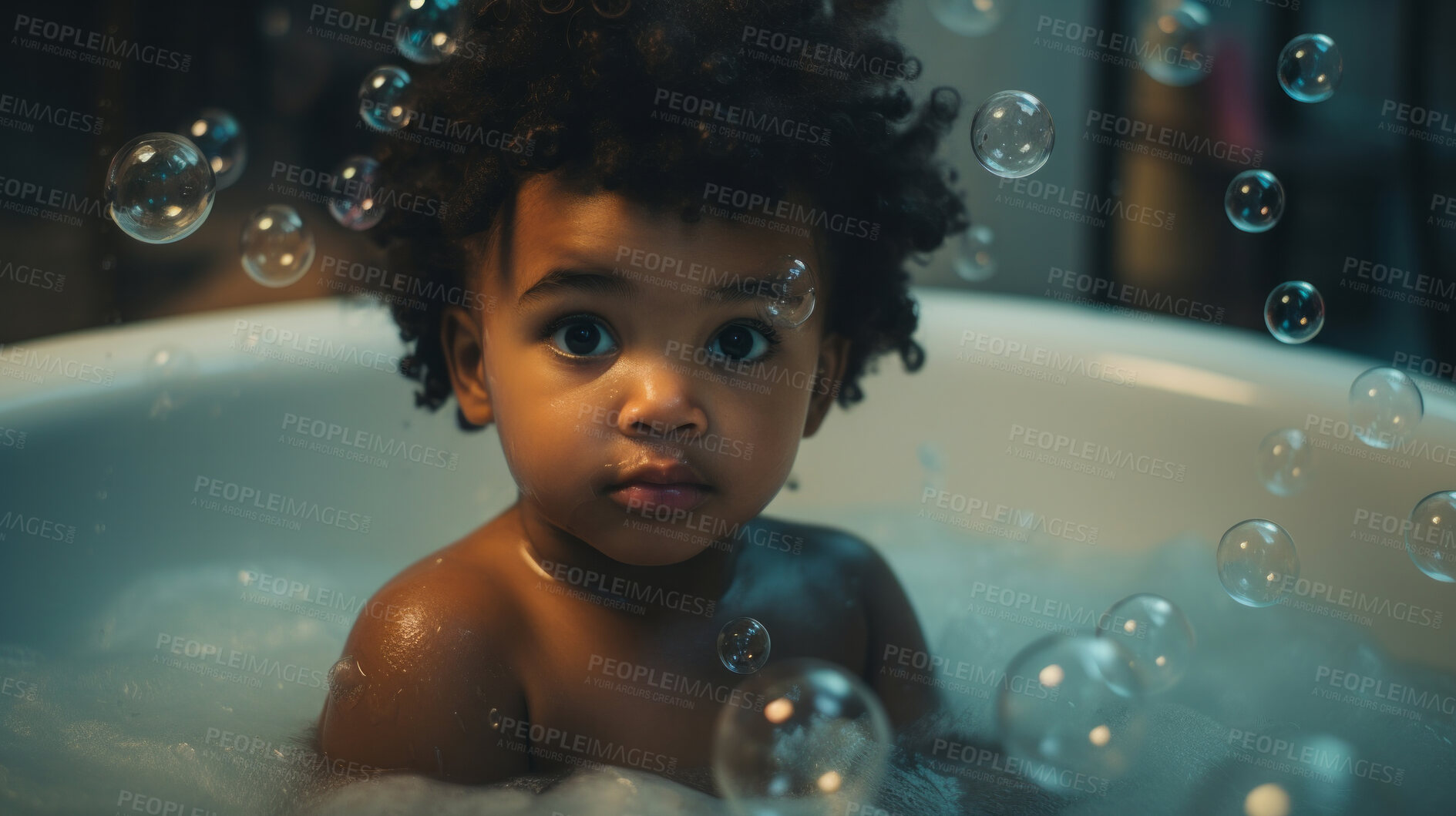Buy stock photo Toddler bathes in bathtub with foam and bubbles. Happy baby bath time