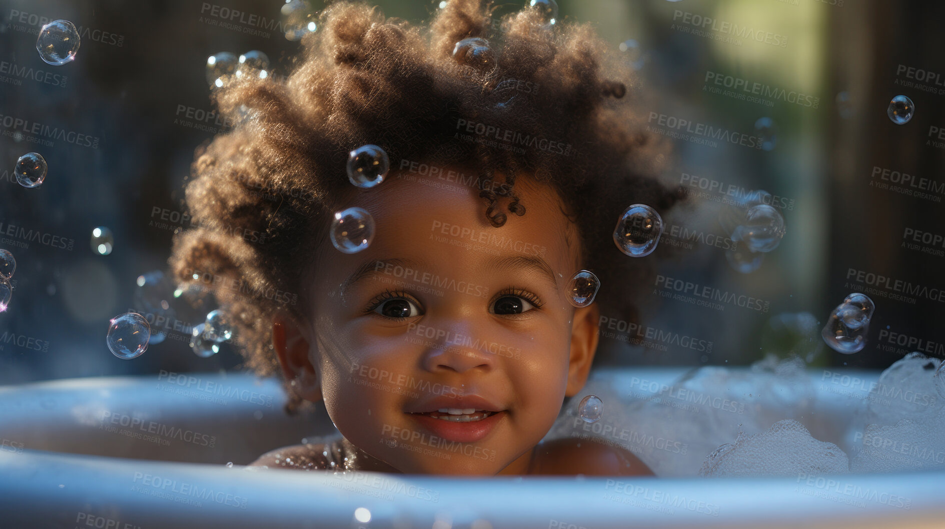 Buy stock photo Smiling toddler bathes in bathtub with foam and bubbles. Happy baby bath time