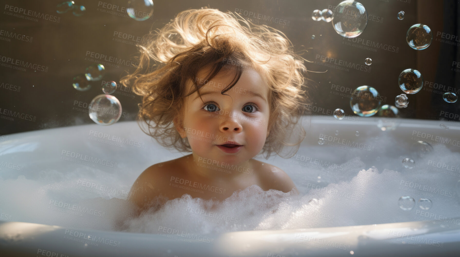 Buy stock photo Toddler bathes in bathtub with foam and bubbles. Happy baby bath time