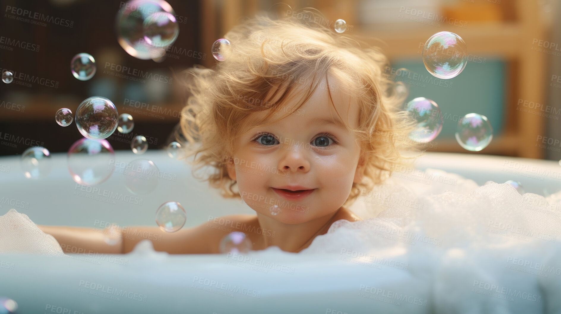 Buy stock photo Smiling toddler bathes in bathtub with foam and bubbles. Happy baby bath time