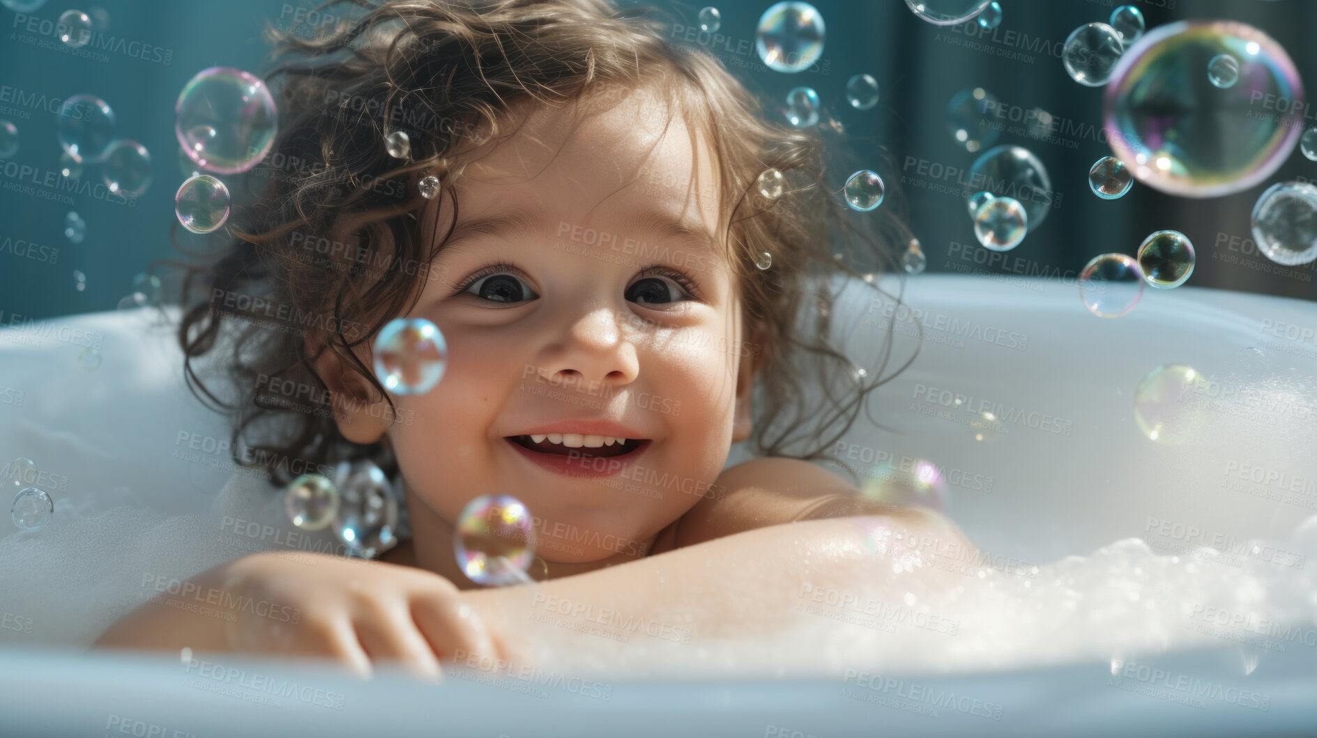 Buy stock photo Smiling toddler bathes in bathtub with foam and bubbles. Happy baby bath time