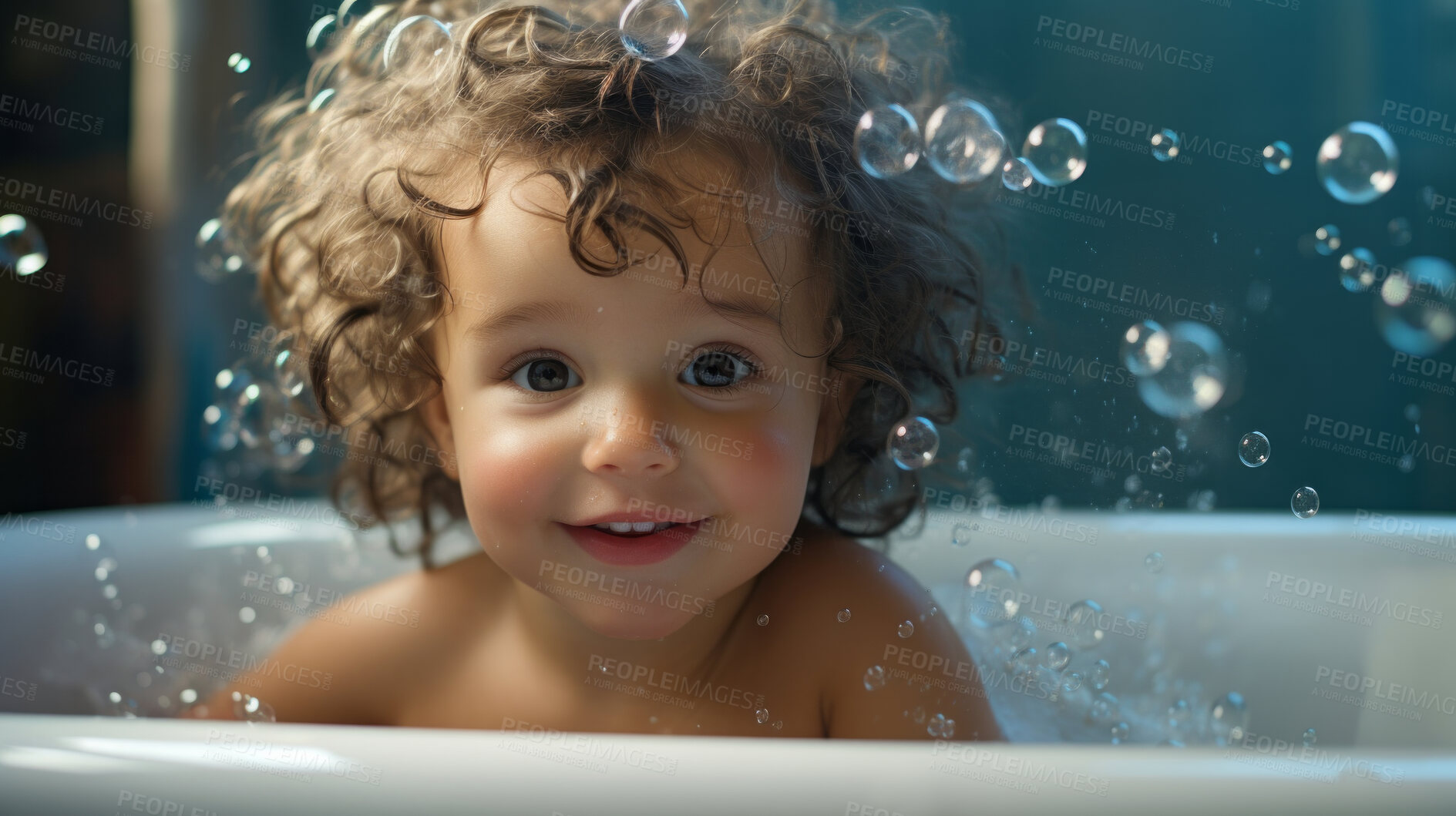 Buy stock photo Smiling toddler bathes in bathtub with foam and bubbles. Happy baby bath time