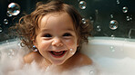 Smiling toddler bathes in bathtub with foam and bubbles. Happy baby bath time