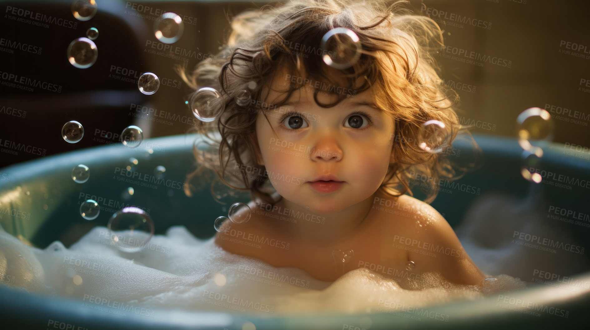 Buy stock photo Smiling toddler bathes in bathtub with foam and bubbles. Happy baby bath time