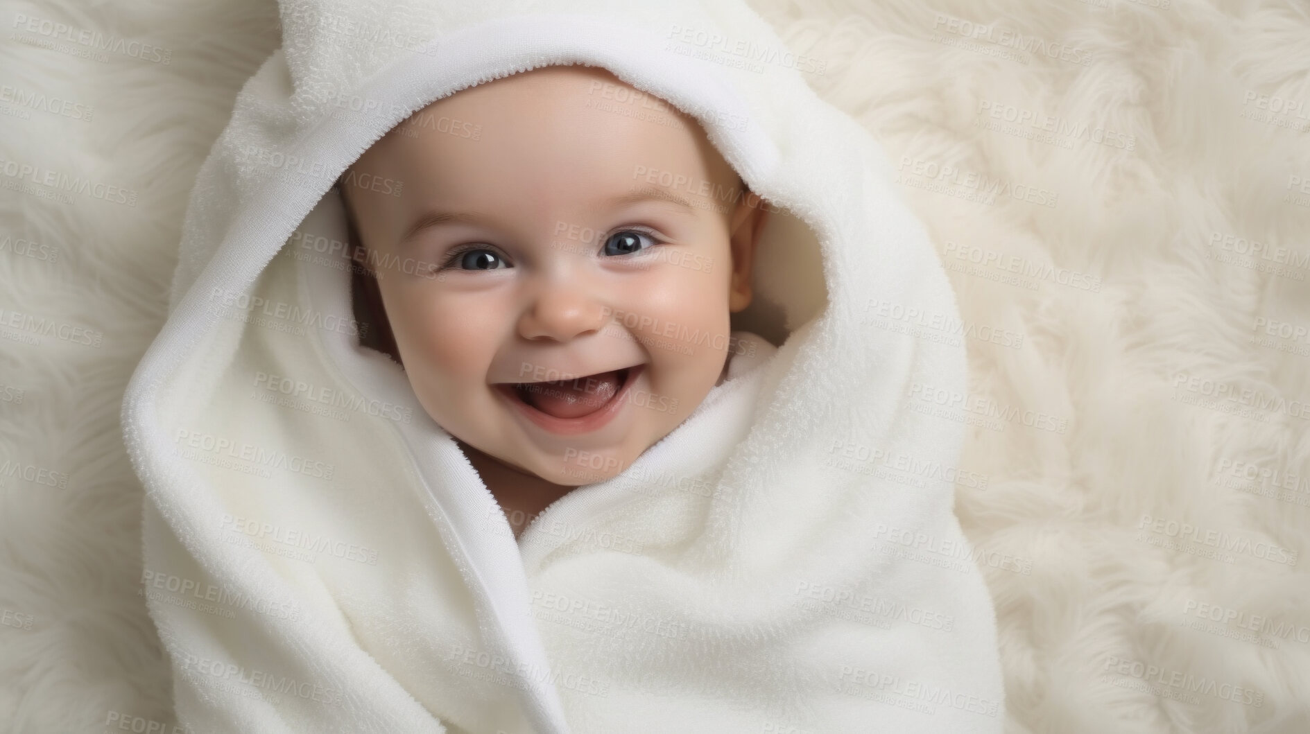 Buy stock photo Portrait of a happy baby wrapped in a towel or blanket. Toddler smiling after bath time