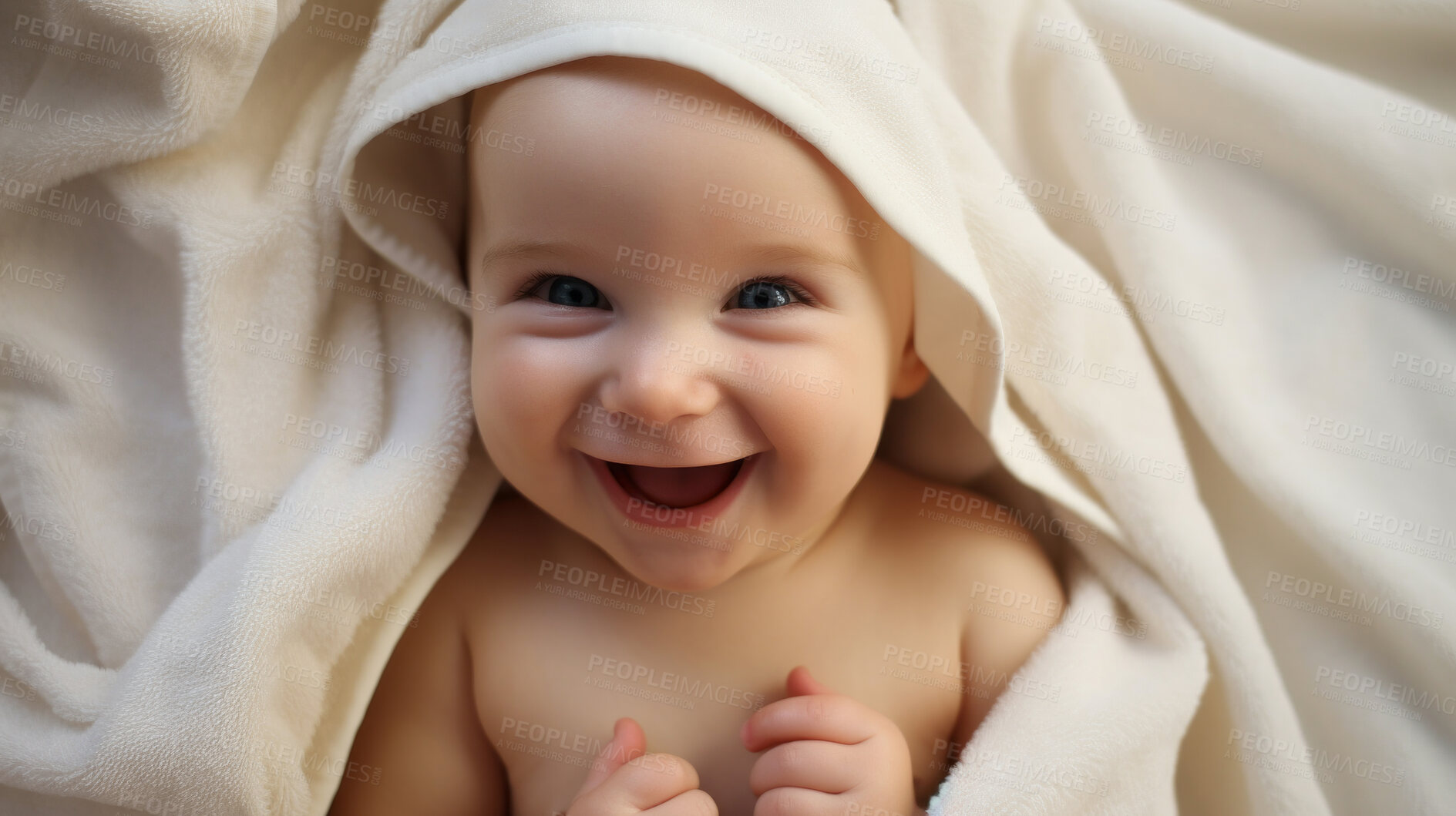 Buy stock photo Portrait of a happy baby wrapped in a towel or blanket. Toddler smiling after bath time