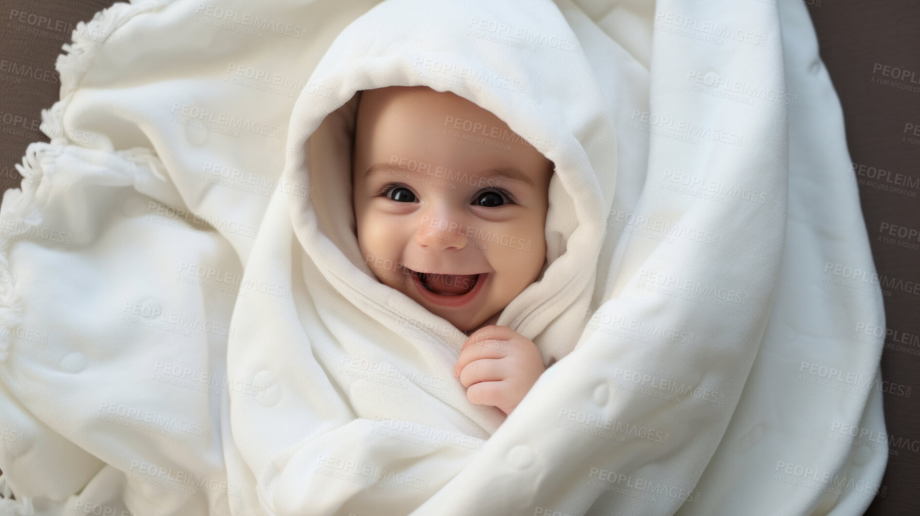 Buy stock photo Portrait of a happy baby wrapped in a towel or blanket. Toddler smiling after bath time