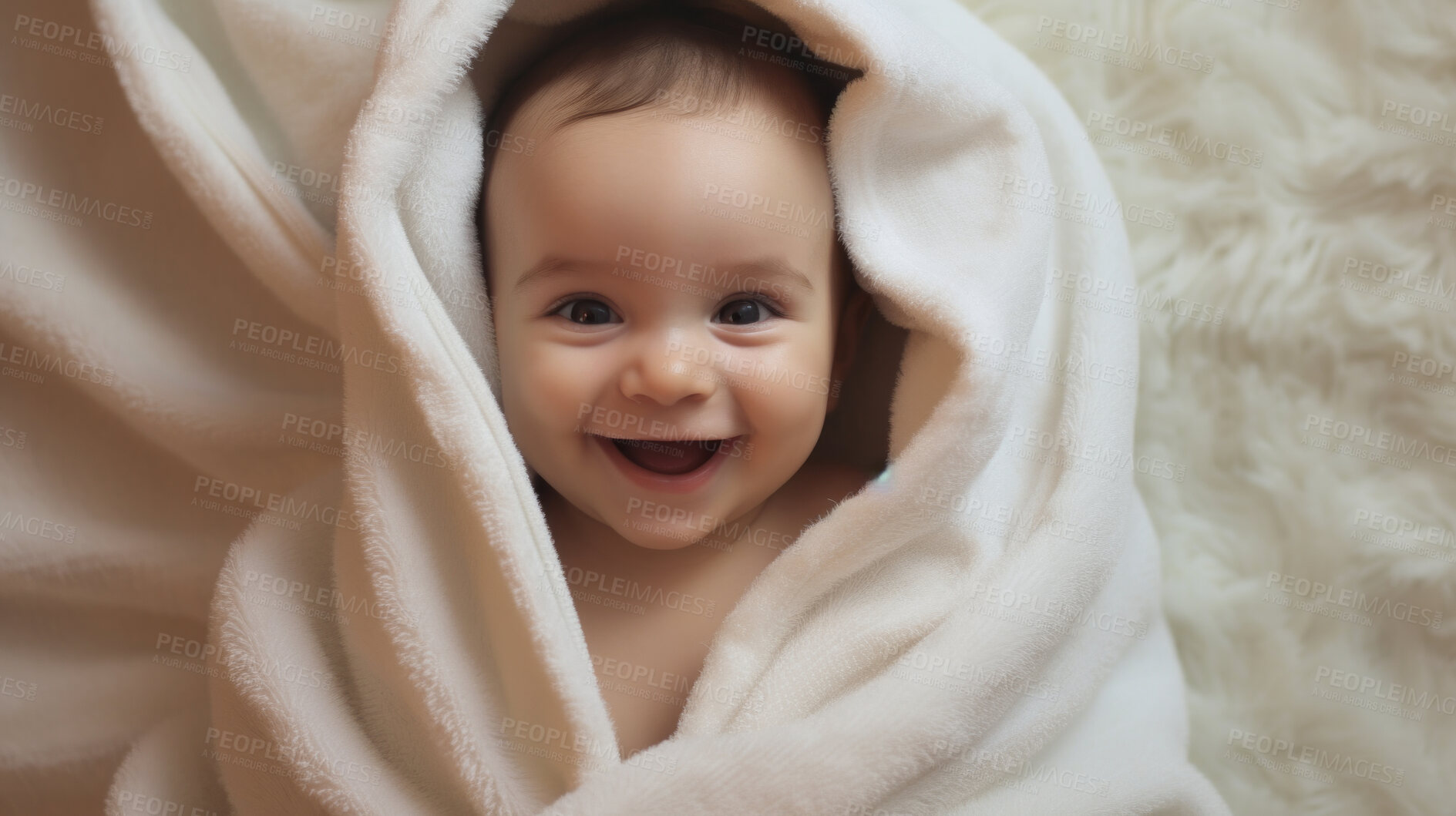 Buy stock photo Portrait of a happy baby wrapped in a towel or blanket. Toddler smiling after bath time