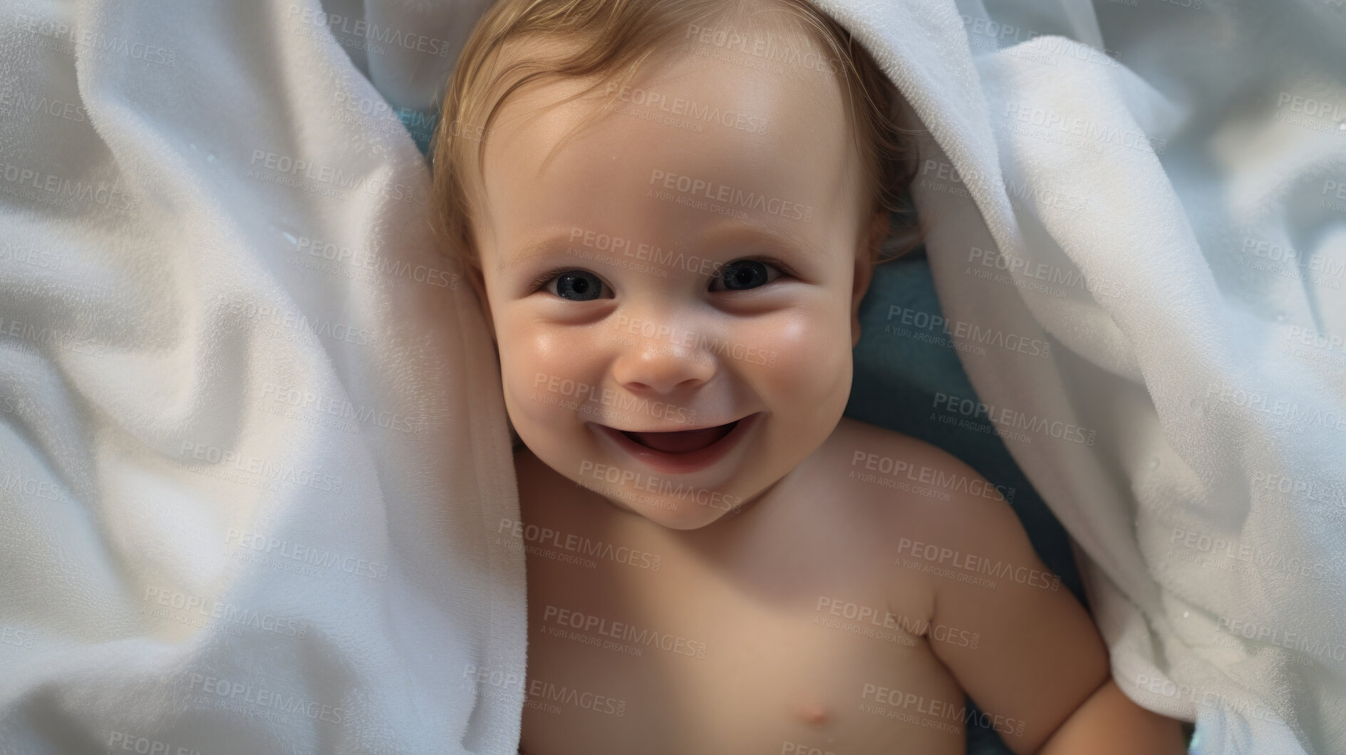 Buy stock photo Portrait of a happy baby wrapped in a towel or blanket. Toddler smiling after bath time