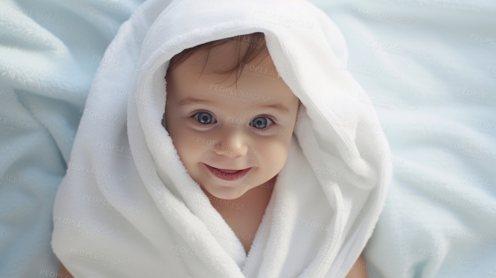 Buy stock photo Portrait of a happy baby wrapped in a towel or blanket. Toddler smiling after bath time