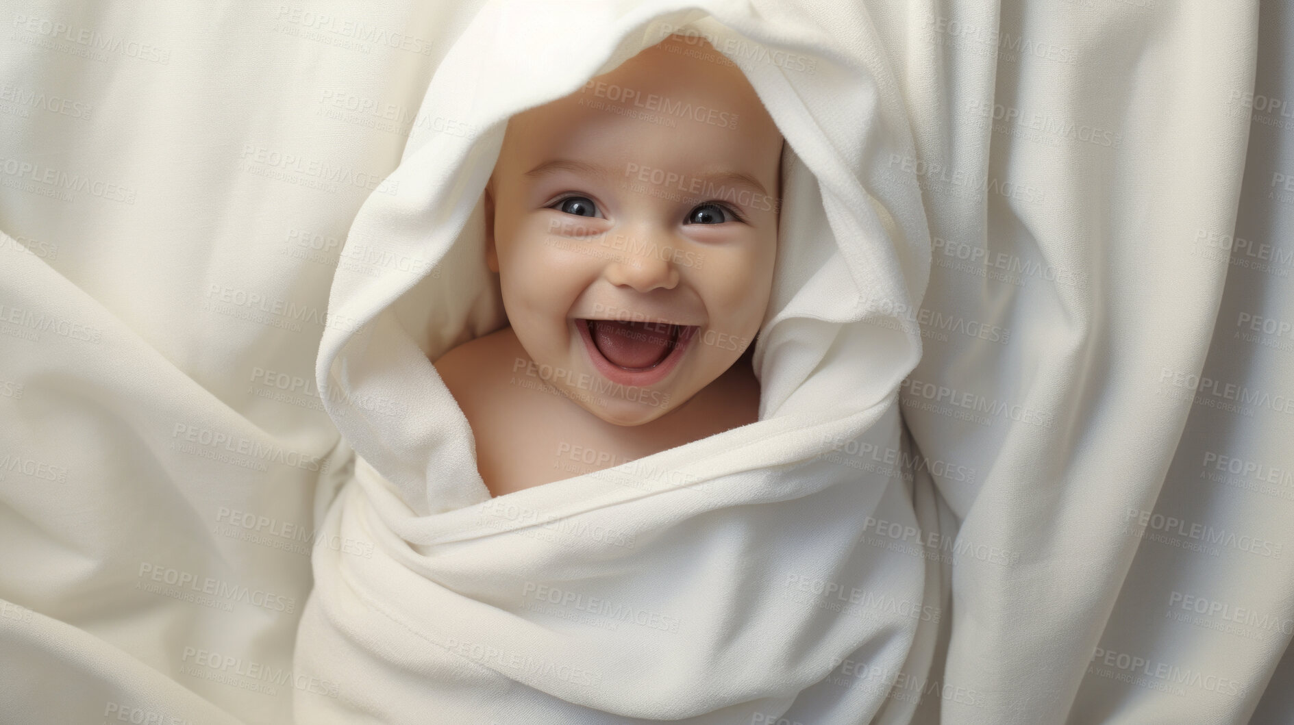 Buy stock photo Portrait of a happy baby wrapped in a towel or blanket. Toddler smiling after bath time