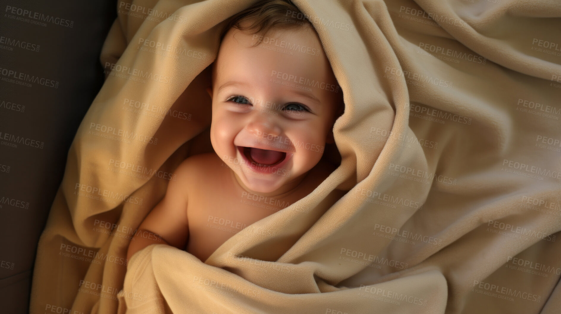 Buy stock photo Portrait of a happy baby wrapped in a towel or blanket. Toddler smiling after bath time