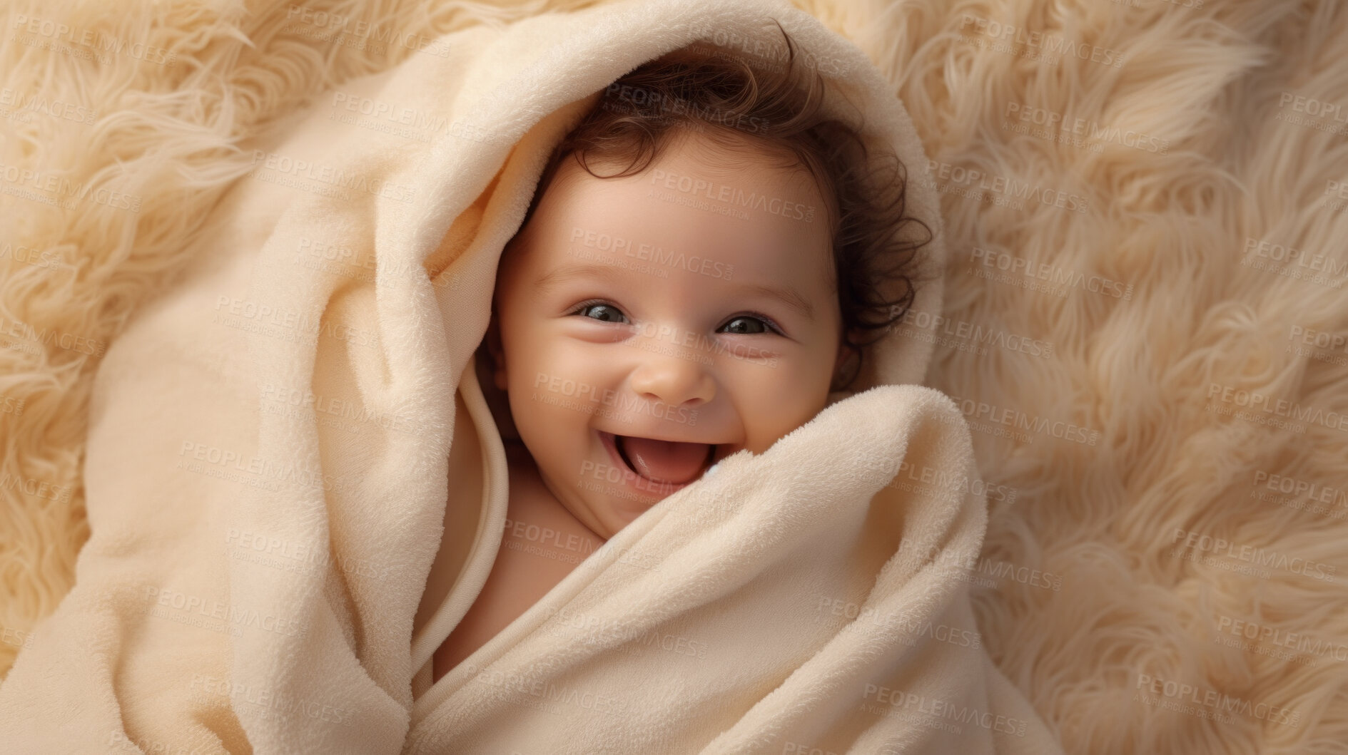 Buy stock photo Portrait of a happy baby wrapped in a towel or blanket. Toddler smiling after bath time