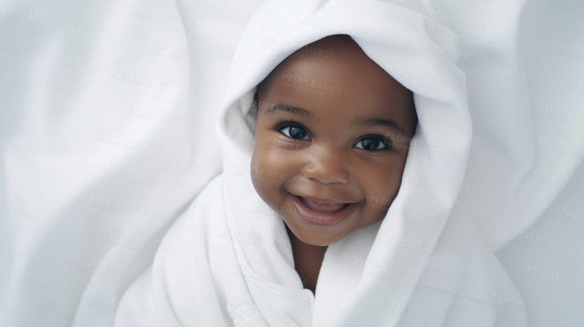 Buy stock photo Portrait of a happy baby wrapped in a towel or blanket. Toddler smiling after bath time