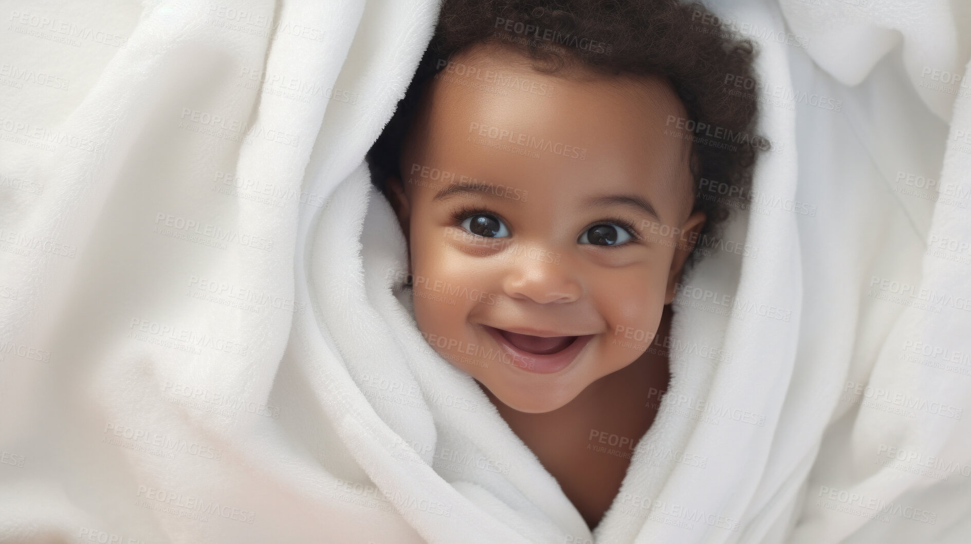 Buy stock photo Portrait of a happy baby wrapped in a towel or blanket. Toddler smiling after bath time