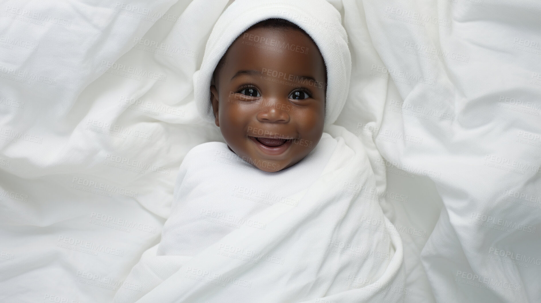 Buy stock photo Portrait of a happy baby wrapped in a towel or blanket. Toddler smiling after bath time