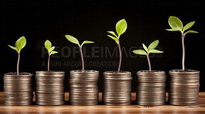Plants growing on a pile of coins. Finance, banking and investment concept.