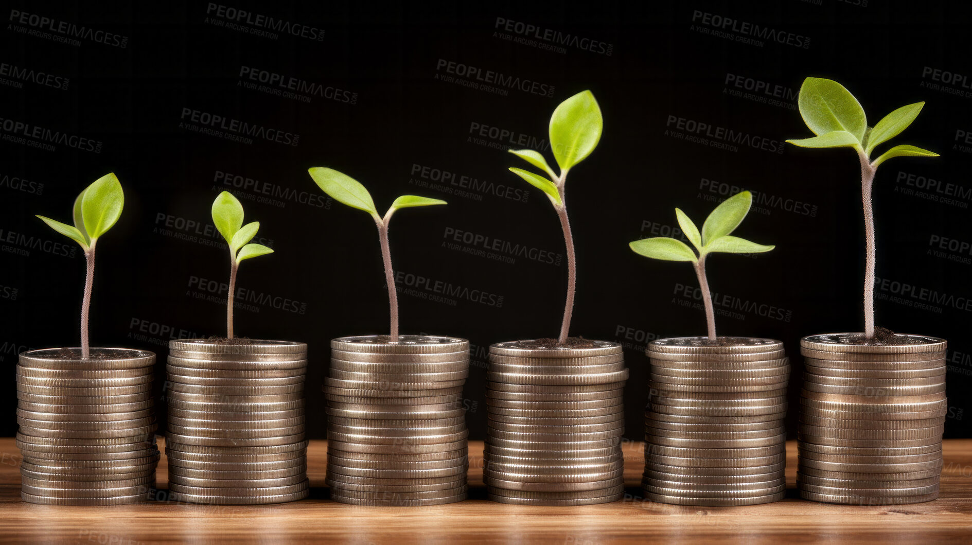 Buy stock photo Plants growing on a pile of coins. Finance, banking and investment concept.