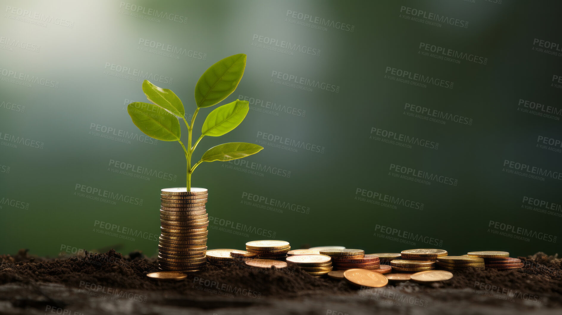 Buy stock photo Plants growing on a pile of coins. Finance, banking and investment concept.