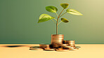 Plants growing on a pile of coins. Finance, banking and investment concept.