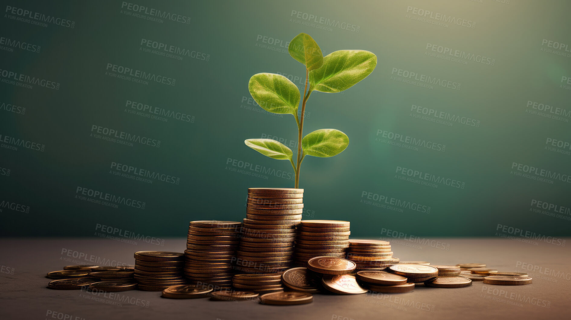 Buy stock photo Plants growing on a pile of coins. Finance, banking and investment concept.