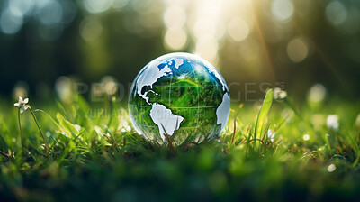 Glass globe on grass in a forest. Sustainable environment and Earth Day concept