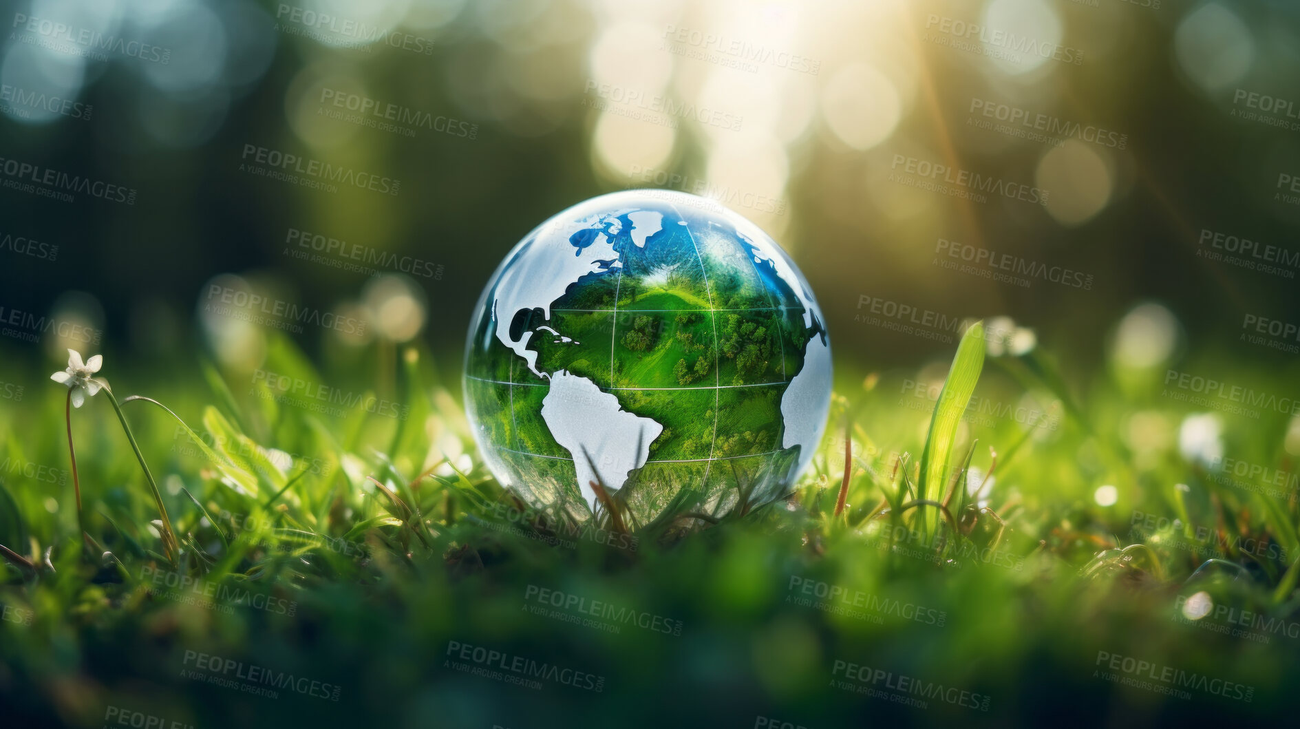 Buy stock photo Glass globe on grass in a forest. Sustainable environment and Earth Day concept