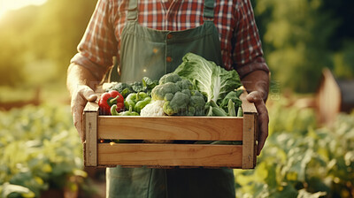 Farmer holding a box or crate with fresh organic vegetables or agricultural product
