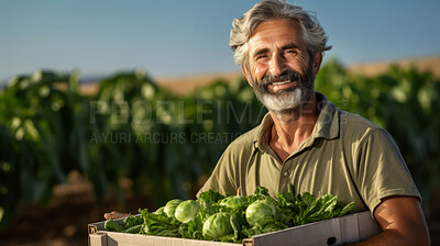 Farmer holding a box or crate with fresh organic vegetables or agricultural product