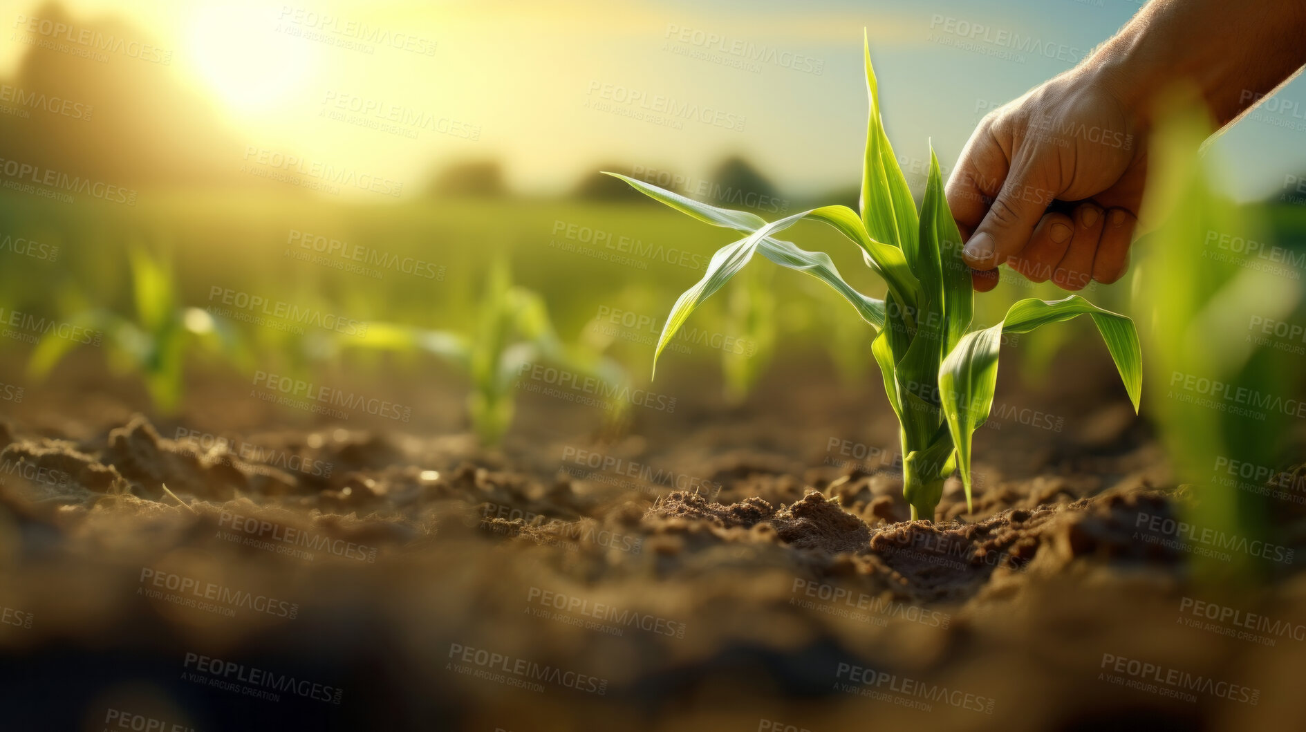 Buy stock photo Field worker or Farmer checking health of plants and soil in the field. Farmer checks sprouts