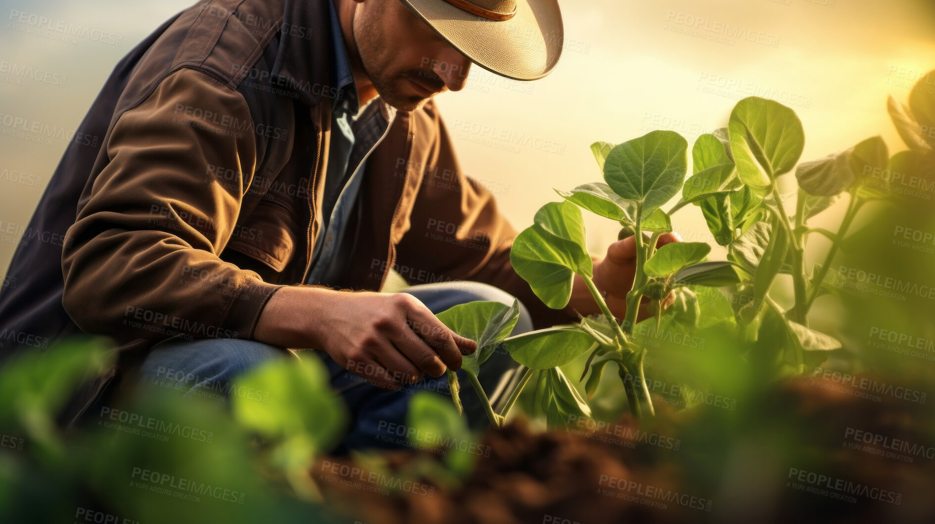 Buy stock photo Field worker or Farmer checking health of plants and soil in the field. Farmer checks sprouts