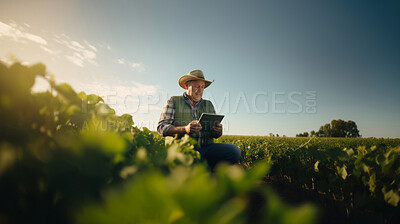 Farmer with digital tablet checking sustainable farming growth.