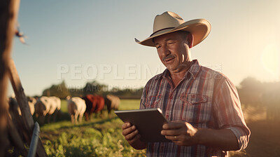 Farmer with digital tablet checking sustainable farming growth.