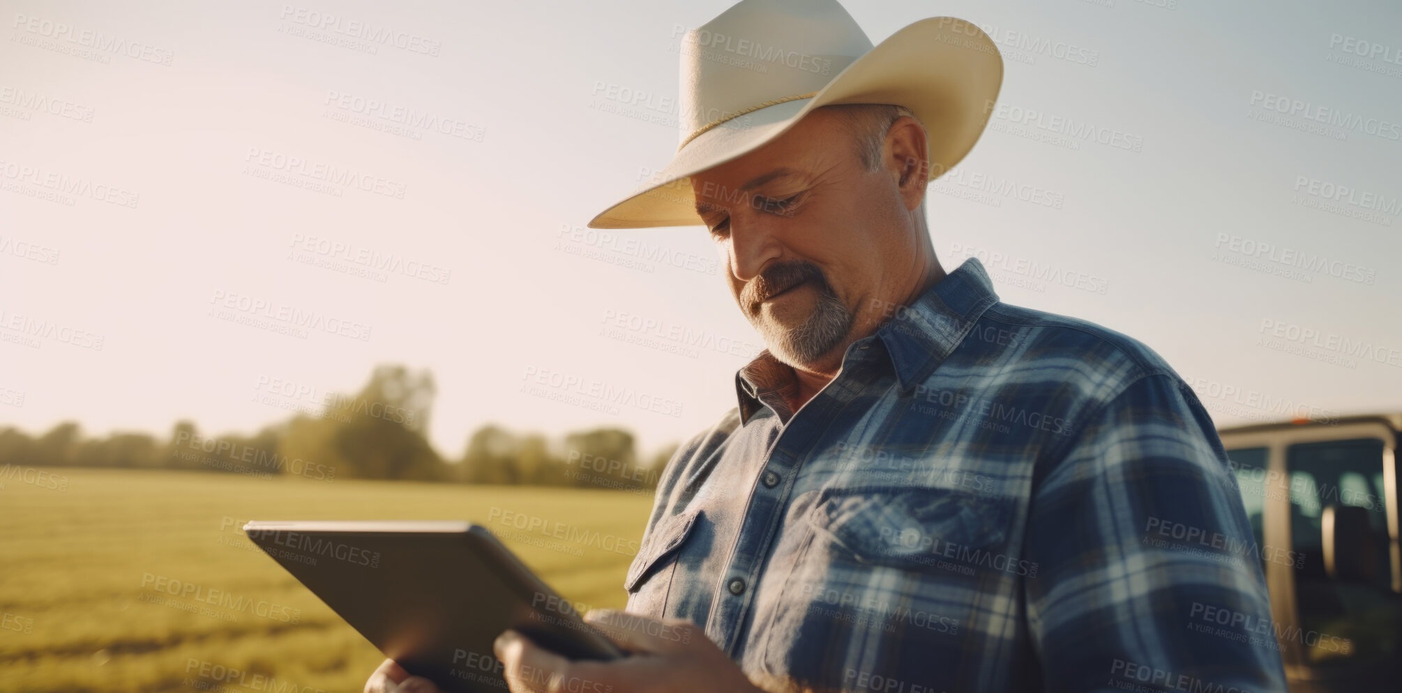 Buy stock photo Farmer with digital tablet checking sustainable farming growth.