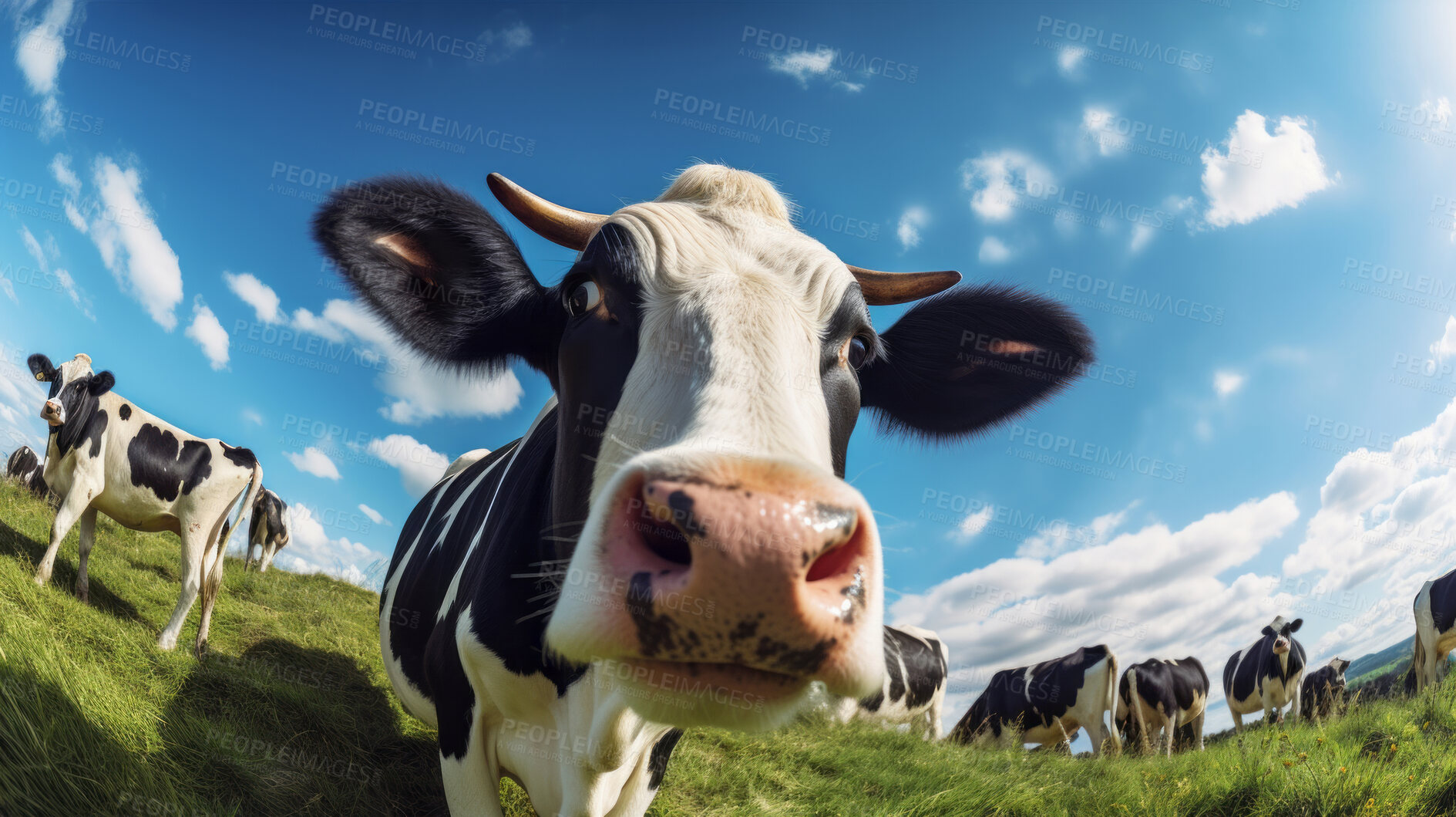 Buy stock photo Herd of cows in a field. Livestock, sustainable and herd of cattle on a farm