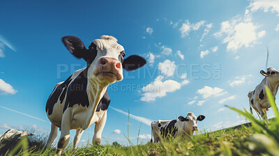 Herd of cows in a field. Livestock, sustainable and herd of cattle on a farm